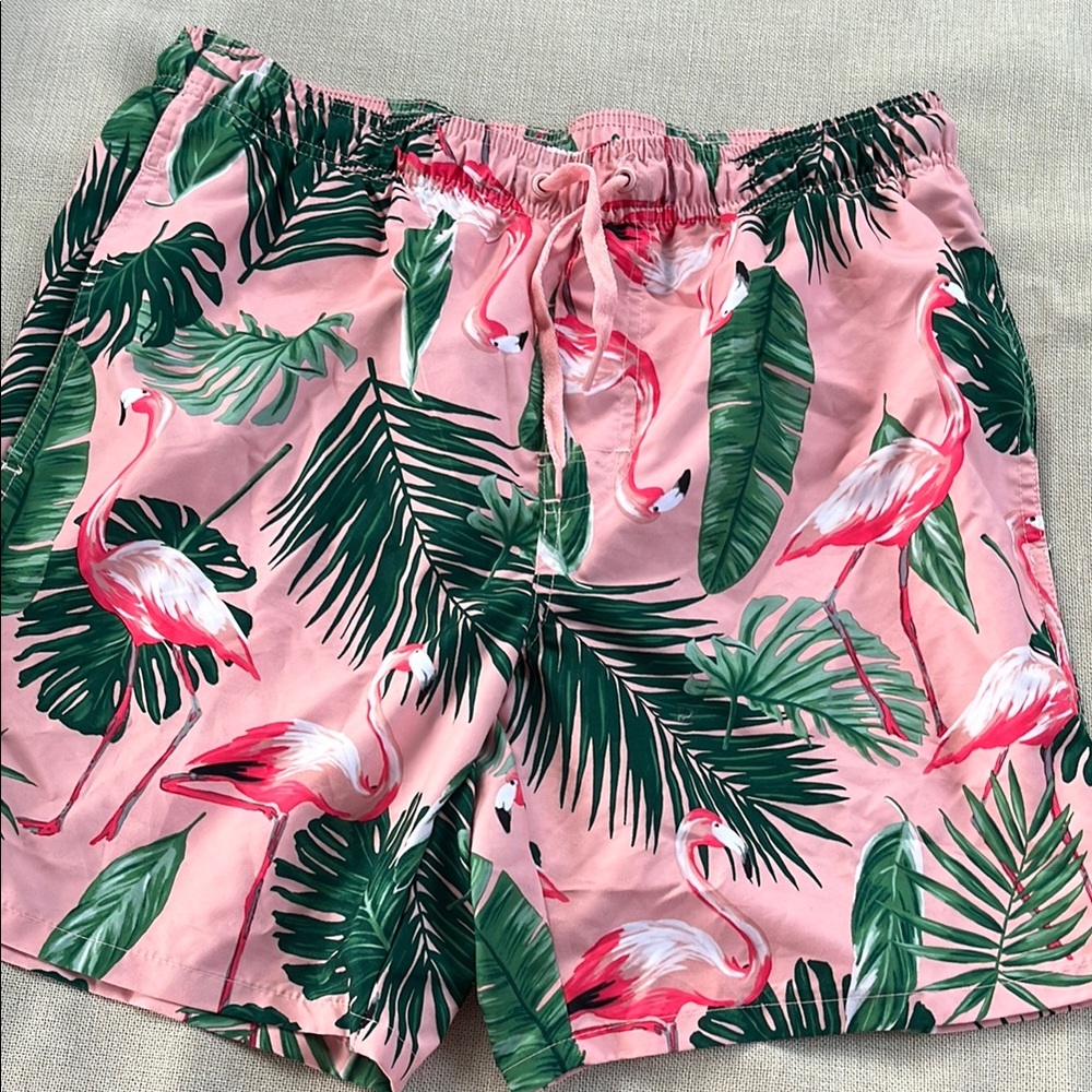 Old Navy Pink and Green Swim Trunks with Tropical Print